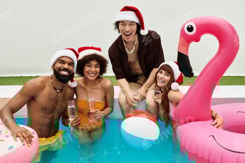 Preview: Festive young friends enjoy a joyful Christmas pool party filled with laughter and celebration