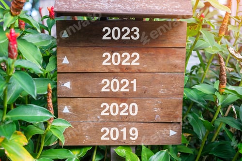 Preview: Wood Signpost with Years of 2023, 2022, 2021, 2020 and 2019, Direction sign for choose the future.