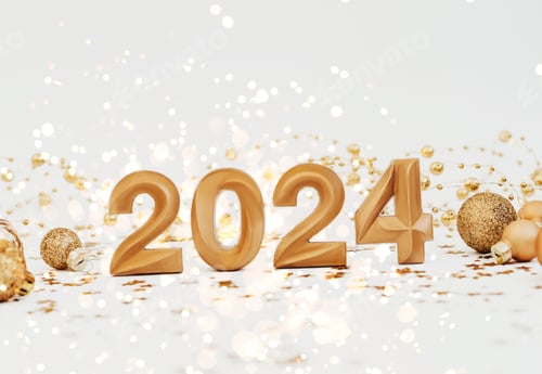Visualização: Cartão de felicitações - feliz ano novo com números 2024 e glitter dourado em fundo claro