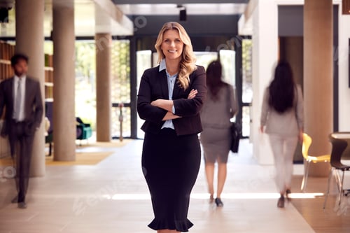 Preview: Portrait Of Mature Businesswoman CEO Standing In Lobby Of Busy Modern Office Building