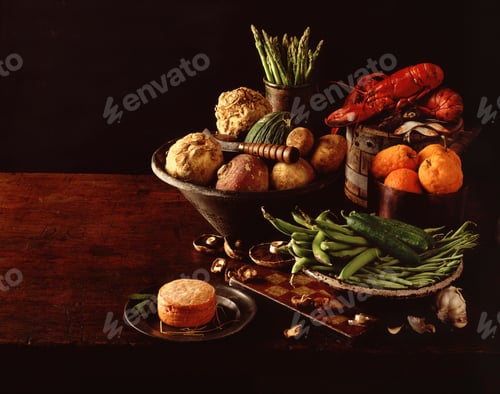 Preview: Still life of fresh lobster, fruit and vegetables
