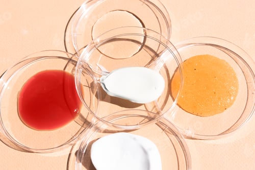 Preview: Samples of cosmetic products top view. body cream, scrub, lotion, acid texture close up.