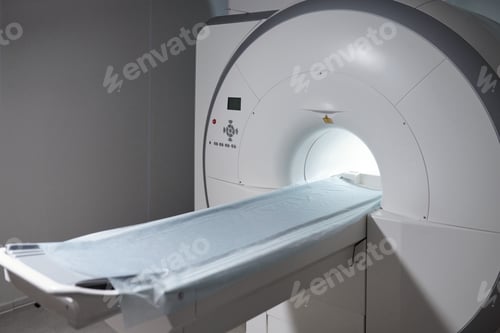 Preview: MRI scan with long table for patient standing in medical laboratory
