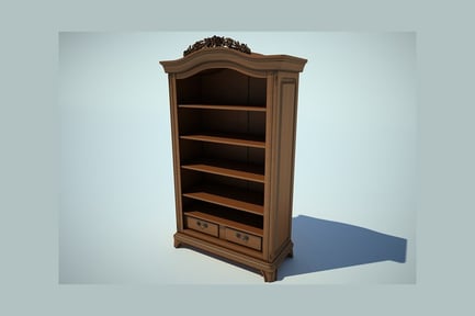 Aperçu: Bibliothèque en bois haute et élancée avec détails cintrés et sculptures