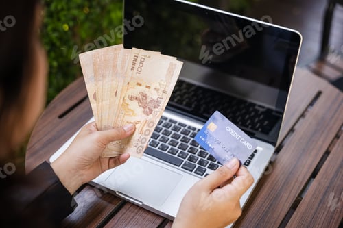 Preview: Woman using working and shopping outdoor at cafe coffee shop