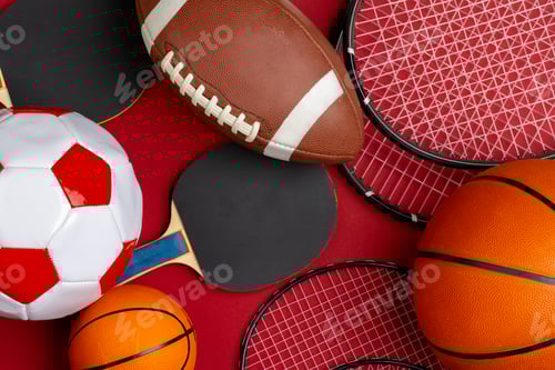 Preview: Composition of various sport equipment for fitness and games