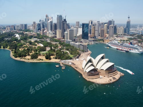 Preview: View of Sydney Opera house from the air and city skyline