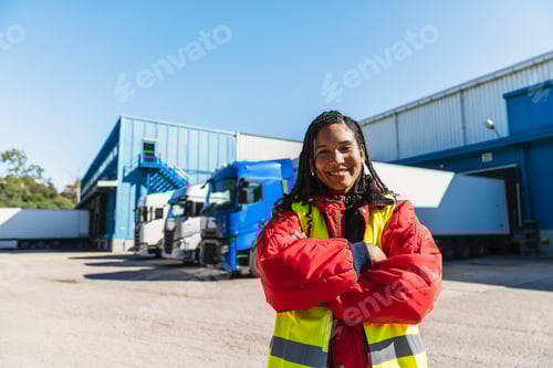 Preview: Woman truck driver working at cold storage warehouse