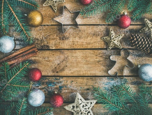 Preview: Christmas or New Year holiday decoration flatlay over rustic background