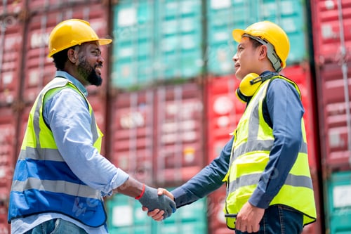 Preview: African American worker or technician shake hands with Asian staff in cargo container workplace