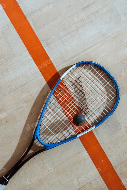 Preview: Top view of squash racket and ball on wooden surface
