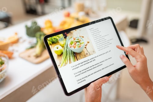 Preview: Cooking food using recipe on a digital tablet