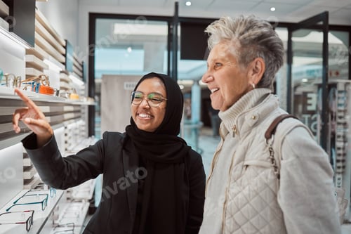 Preview: Decision, glasses and senior woman with an optician for help with eyewear and shopping for a frame.