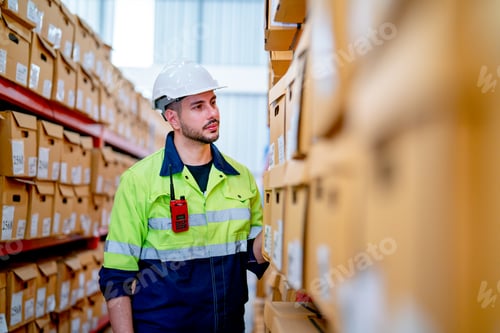 Preview: Side view warehouse worker man stand in front of the shelves and look to product box in workplace.