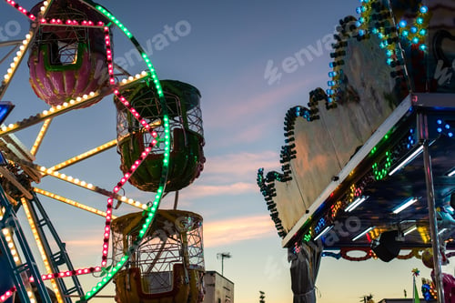 Preview: Children's ferris wheel decorated with many lights and drawings at dusk at a Christmas fair.