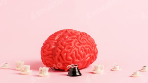 Preview: Human brain model with set of coffee cups. Benefits and harm of coffee concept.