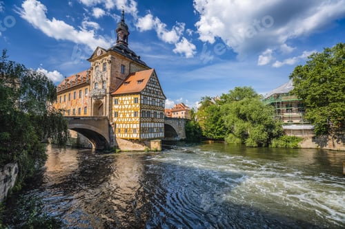 Preview: Scenic summer view of the Old Town architecture with City Hall building in Bamberg, Germany