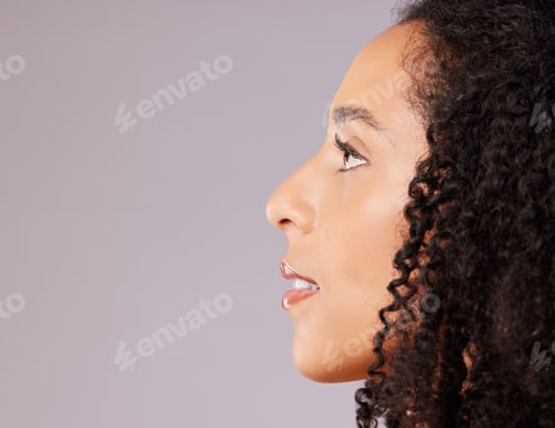 Preview: Beauty, face profile and woman with skincare, natural cosmetics and hair care with mockup on studio