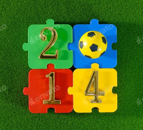 Preview: 2014 Message Make Of Metal Numbers And Football Soccer Ball On Grass Background With Puzzle