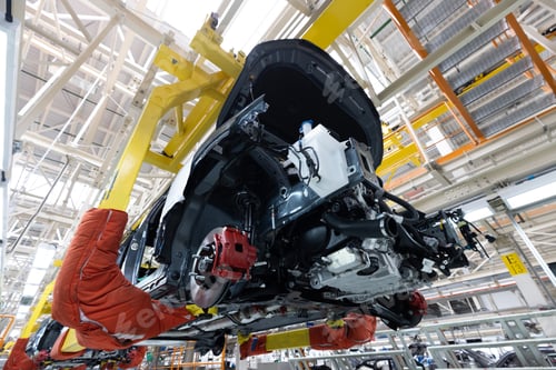 Preview: Automobile production line. Welding car body. Modern car assembly plant. Auto industry. Interior of