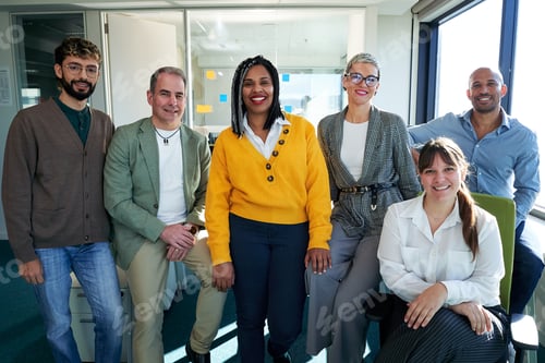 Preview: Startup business team posing together in modern office: collaboration and success.