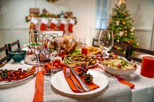 Preview: close-up shot of served table with tasty dishes for christmas dinner