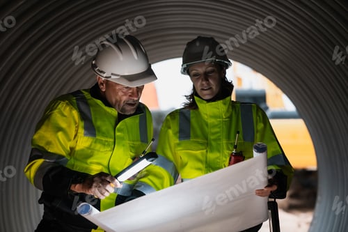 Preview: Engineers working inside a steel pipe, building a pipeline for oil, gas, and fuel transport.