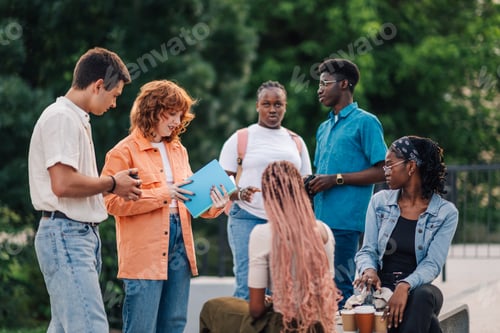 Preview: Interracial group of college classmates chatting and studying at campus