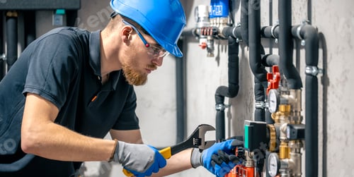 Preview: A man installs a heating system in a house and checks the pipes with a wrench.