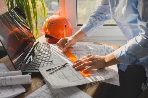 Preview: architect design working drawing sketch plans blueprints and making architectural construction model