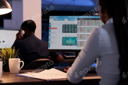 Preview: Woman broker looking at real time stock market sales