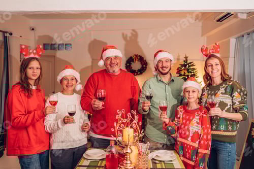 Visualização: Grupo de família feliz sorrindo feliz comemorando o brinde de Natal.