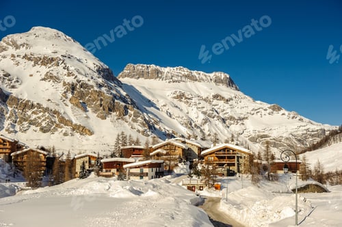 Preview: Alpine winter mountain landscape. French Alps with snow.