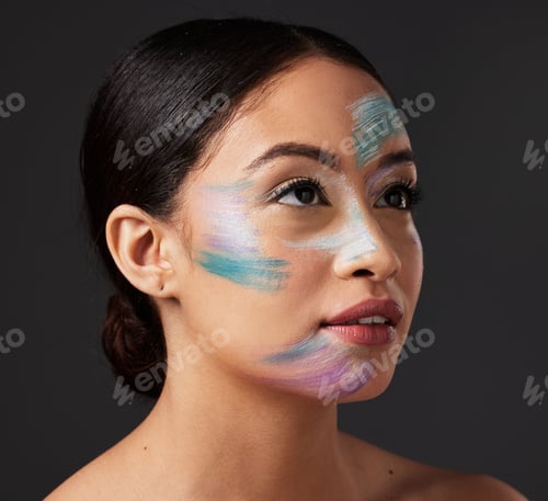 Preview: Beauty, art and portrait of woman paint on face, creative makeup and self expression. Skincare, cre