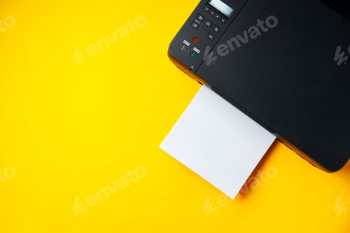 Preview: Modern printer with paper on yellow background