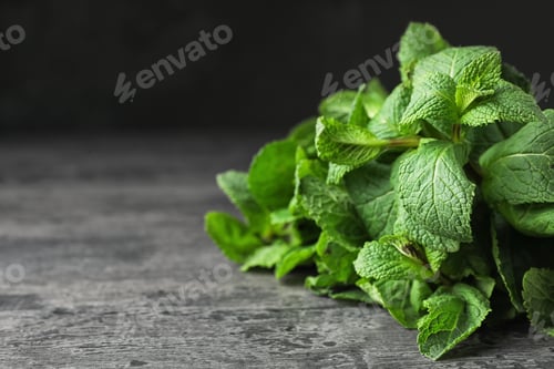 Preview: Bundle of fresh green mint on table against dark background, space for text