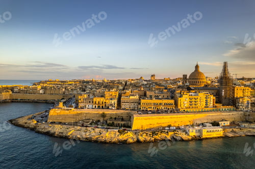 Preview: Aerial drone skyline of Valletta at sunset, Malta