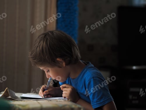 Preview: A five-year-old boy in a blue t-shirt studying at home.Coronavirus home school, online education.