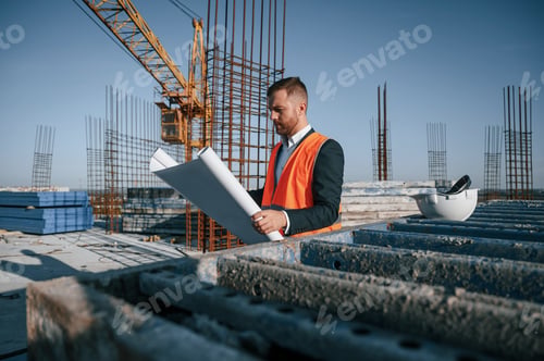 Preview: Reading the plan. Man is working on the construction site at daytime