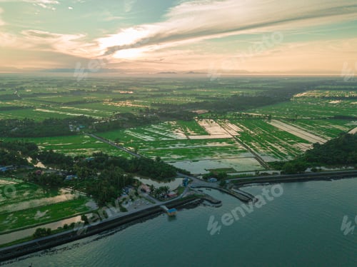 Preview: Drone shot of paddy fields and seascape from high angle view which is located in Perak, Malaysia