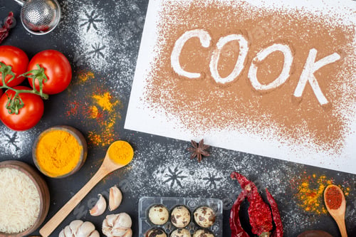 Preview: top view cook writing with eggs vegetables raw pasta and seasonings on dark background dough