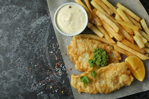 Preview: Baking paper with fried fish and chips on black smokey table