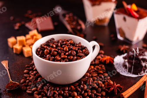 Preview: The invigorating morning coffee with sweets. It can be used as a background