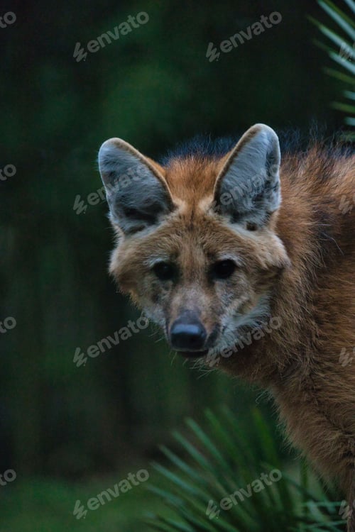 Preview: Maned wolf standing among lush green foliage in a forest setting, gazing directly into the camera