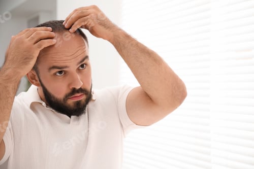 Preview: Baldness problem. Man with receding hairline near window at home. Space for text