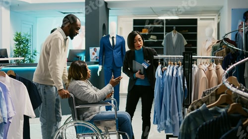 Preview: African american woman in wheelchair shopping at mall