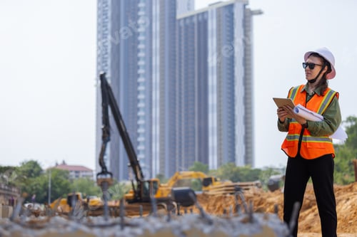 Preview: A female construction engineer inspects a site using a tablet and blueprints.