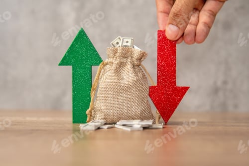 Preview: A burlap sack filled with a dollar bills between a green upward arrow and a red downward arrow.