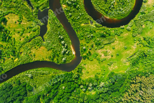 Preview: Aerial View Of Summer Curved River Landscape In Sunny Summer Day. Top View Of Beautiful European