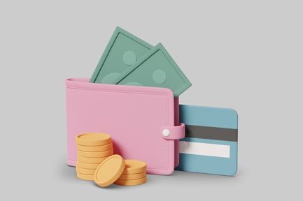 Preview: Pink wallet with blue credit card and gold coins